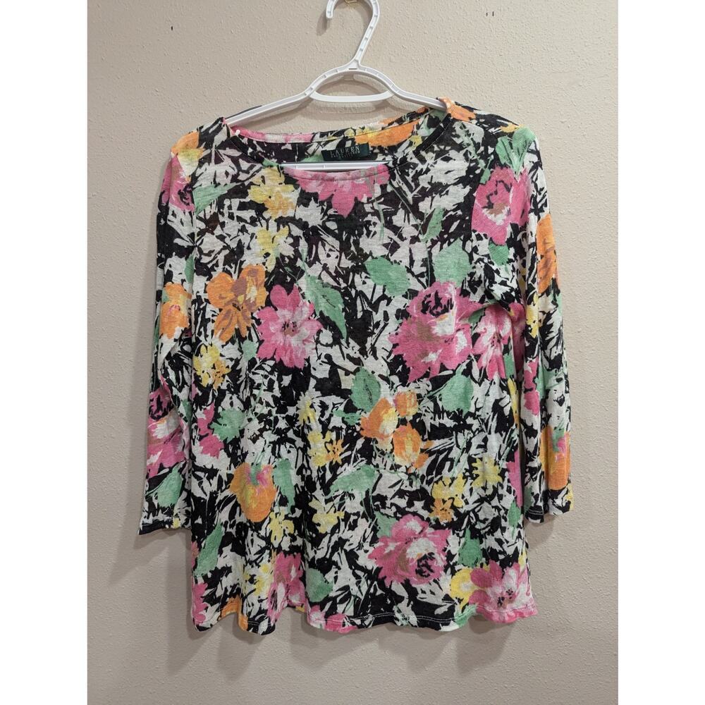Pretty black and white with color splotches knit sweater top Lauren Ralph Lauren